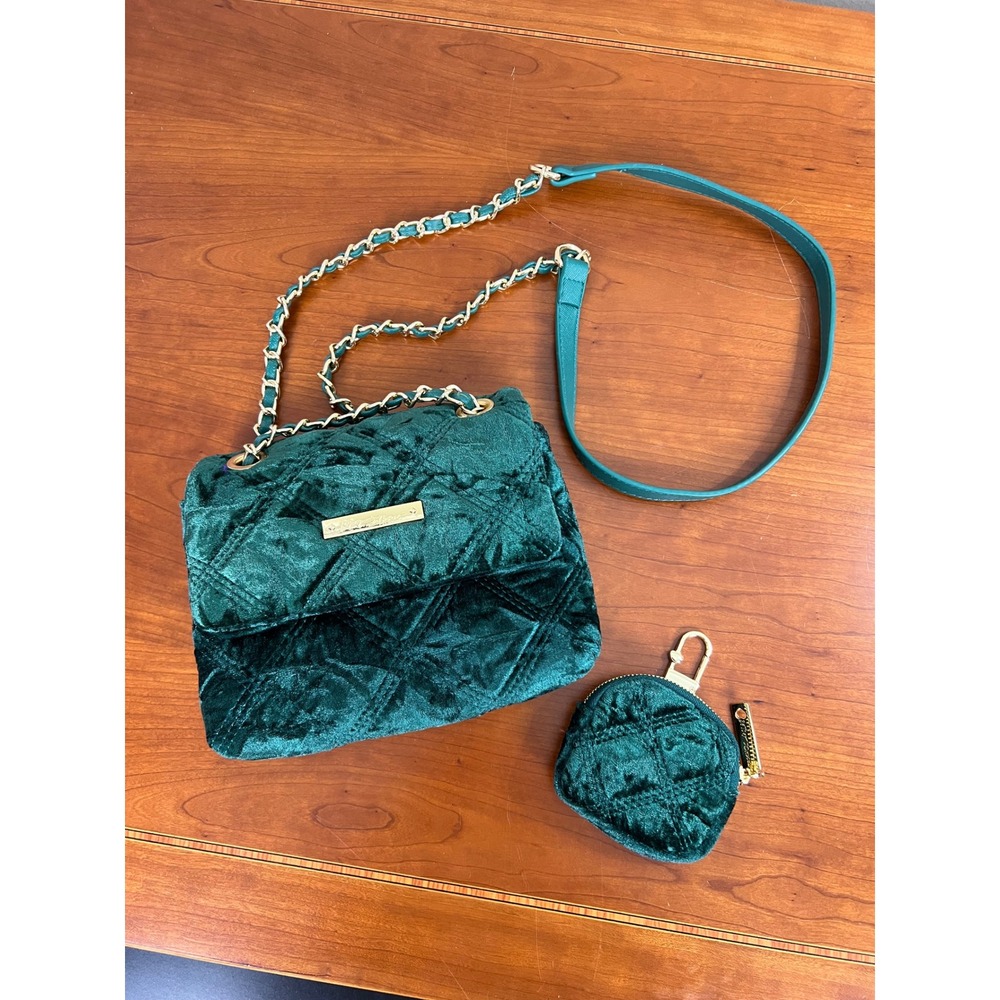 Betsey Johnson Green Quilted Velvet Crossbody Bag with Coin Purse